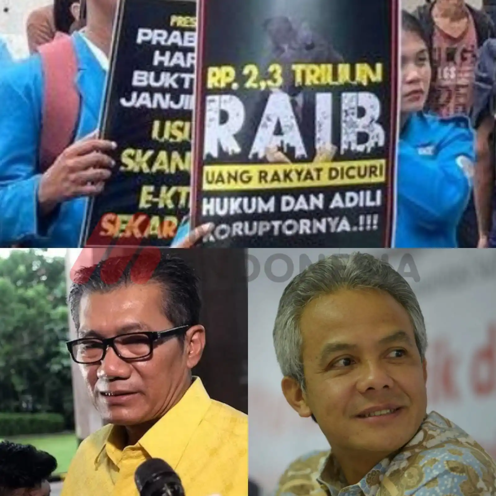 Aliansi Mahasiswa Peduli Demokrasi (AMPD) (atas), Ganjar Pranowo (kanan) dan Agun Gunandjar (kiri) (Foto: Kolase MI/Aswan)