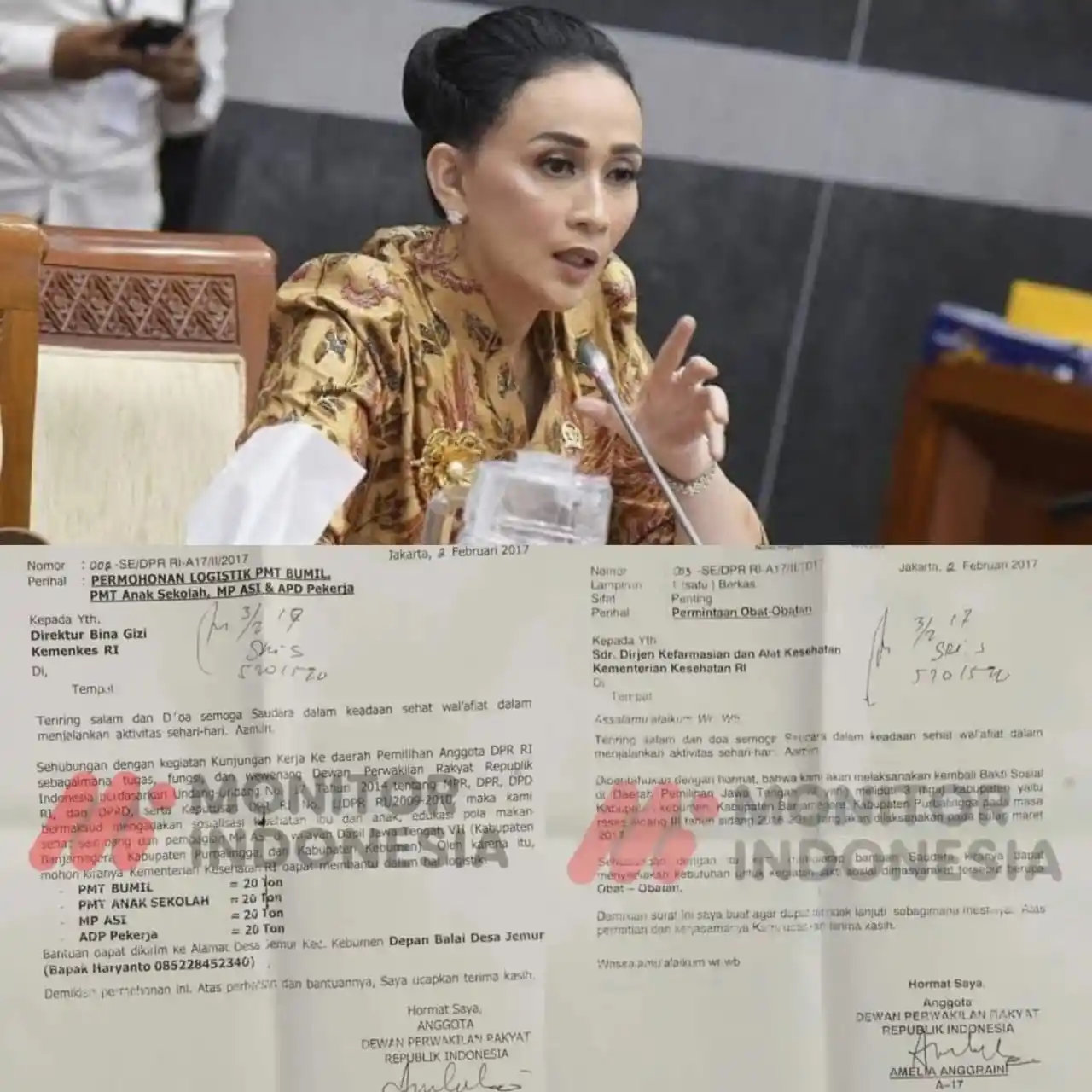 Mantan Anggota Komisi IX DPR RI dari Fraksi NasDem Amelia Anggraini kini di Komisi I DPR RI (atas) dan Surat permohonan logistik PMT BUMIL, PMT Anak Sekolah, MP ASI dan APD Pekerja kepada Direktur Bini Gizi Kementerian Kesehatan (Kemenkes) RI.  Foto: Kolase MI/Aan/Diolah