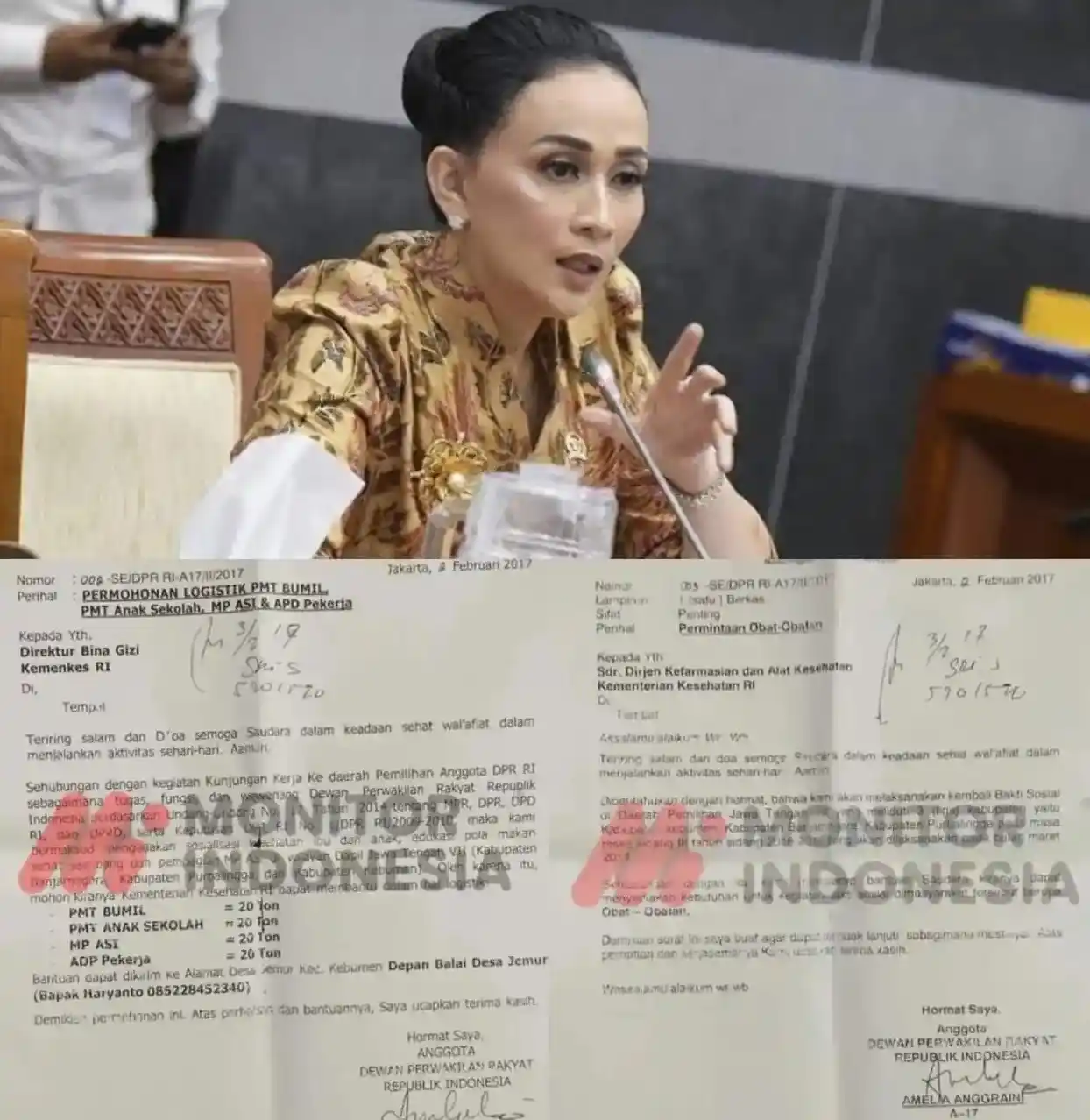 Mantan Anggota Komisi IX DPR RI dari Fraksi NasDem Amelia Anggraini kini di Komisi I DPR RI (atas) dan Surat permohonan logistik PMT BUMIL, PMT Anak Sekolah, MP ASI dan APD Pekerja kepada Direktur Bini Gizi Kementerian Kesehatan (Kemenkes) RI. (Foto: Kolase MI/Aan)