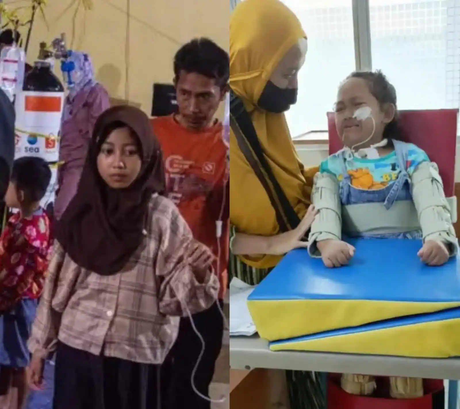 Desi Permata Sari dan putrinya, Sheena, 6 tahun, korban kasus gagal ginjal akut (kanan) dan pasien korban keracunan massal berjalan dengan infus terpasang saat mendapatkan perawatan di Posko Penanganan Kantor Kecamatan Cipongkor, Kabupaten Bandung Barat, Jawa Barat (kiri) (Foto: Kolase MI/Diolah).