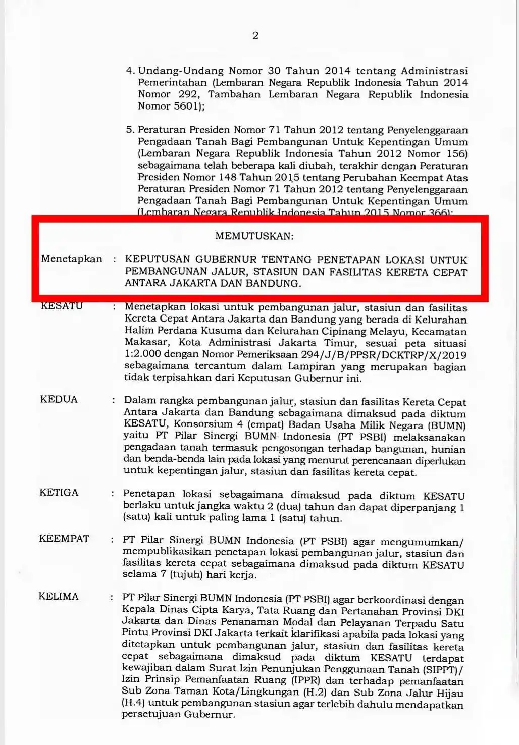 Surat Penetapan Lokasi untuk Pembangunan Jalur, Stasiun, dan Fasilitas Kereta Cepat Antara Jakarta dan Bandung (Foto: Dok MI)