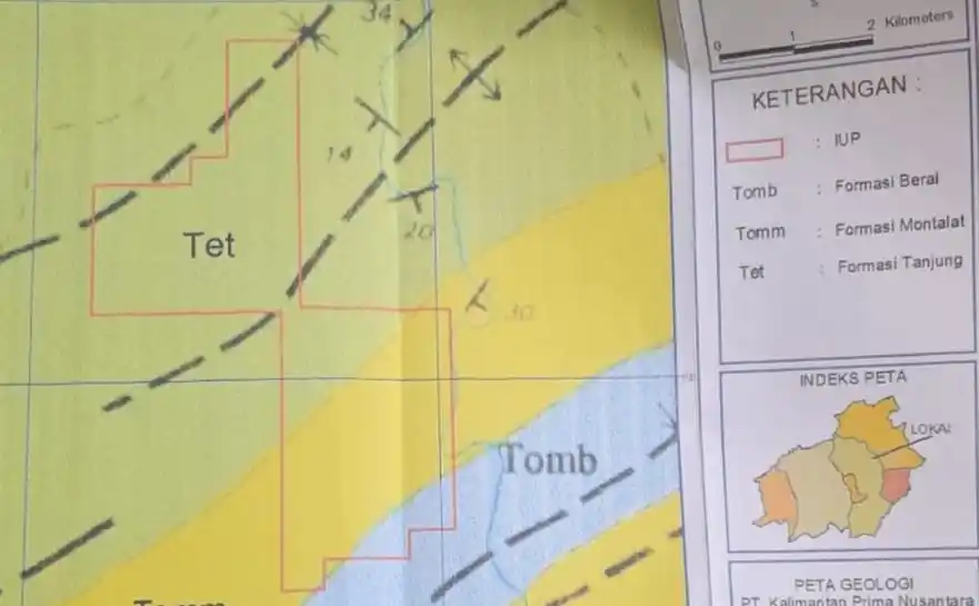 Gambar peta areal konsesi tambang batu bara PT Kalimantan Prima Nusantara seluas 1500 hektar yang disita KPK terkait dengan kasus dugaan korupsi pada pemberian fasilitas kredit oleh Lembaga Pembiayaan Ekspor Indonesia (LPEI) kepada PT Sakti Mait Jaya Langit (SMJL) dan PT Mega Alam Sejahtera (MAS).