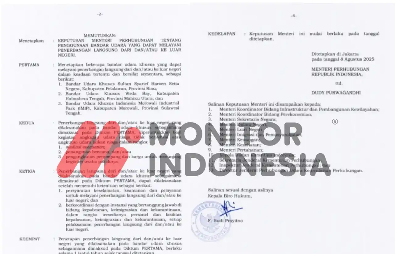 Keputusan Menhub RI Nomor KM 38 Tahun 2005 tentang Penggunaan Bandara yang Dapat Melayani Penerbangan Langsung dari dan/atau ke Luar Negeri. (Foto: Kolase MI)
