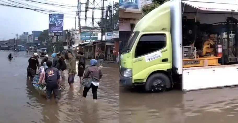 ondisi banjir di Jalan Raya Dayeuhkolot yang menghubungkan Kabupaten Bandung dengan Kota Bandung, Jawa Barat pada Senin (13/2025) pagi. (Foto: Tangkapan layar)