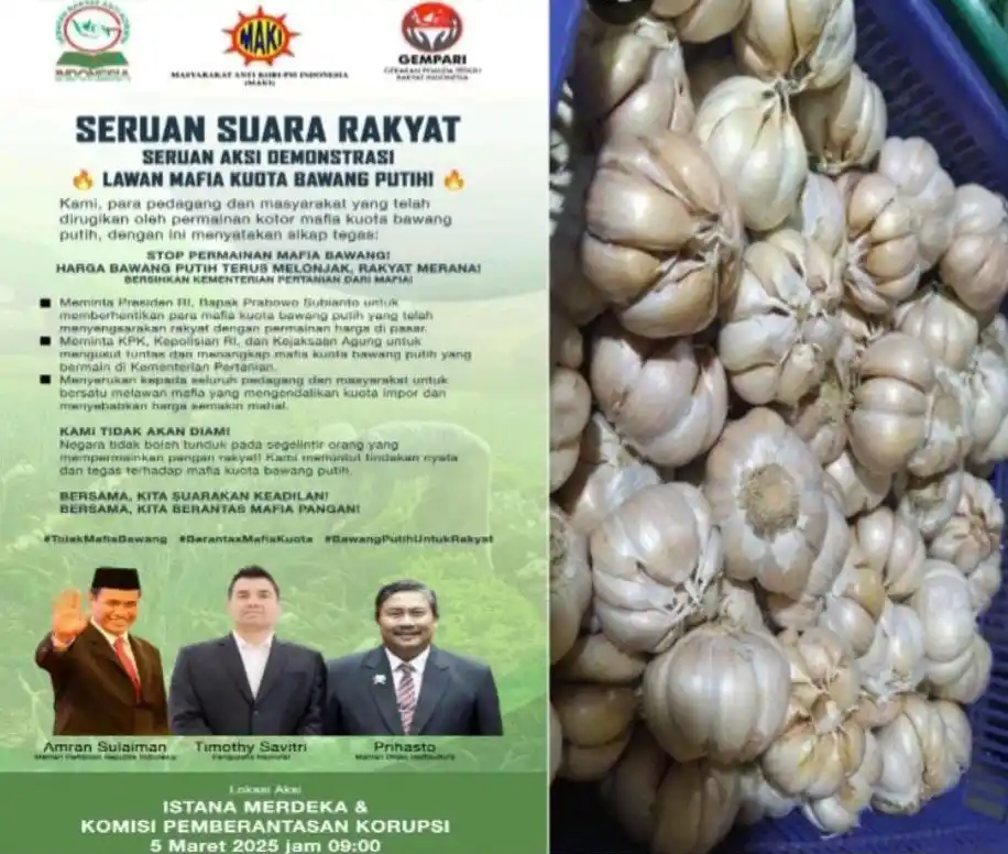 Seruan Aksi Demonstrasi 'Lawan Mafia Kuota Bawang Putih' (kiri) dan Bawang Putih (kanan) (Foto: Kolase MI)