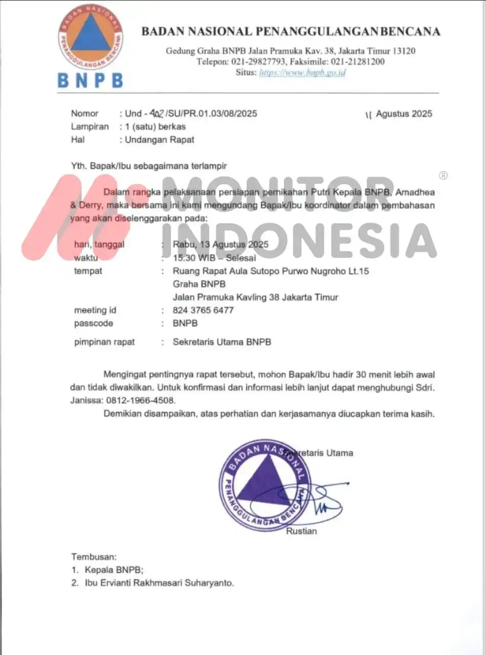 Kop surat Badan Nasional Penanggulangan Bencana (BNPB) diduga dipakai untuk kepentingan pernikahan putri Kepala Badan Nasional Penanggulangan Bencana (BNPB) Letnan Jenderal TNI Suharyanto. (Foto: Dok MI)