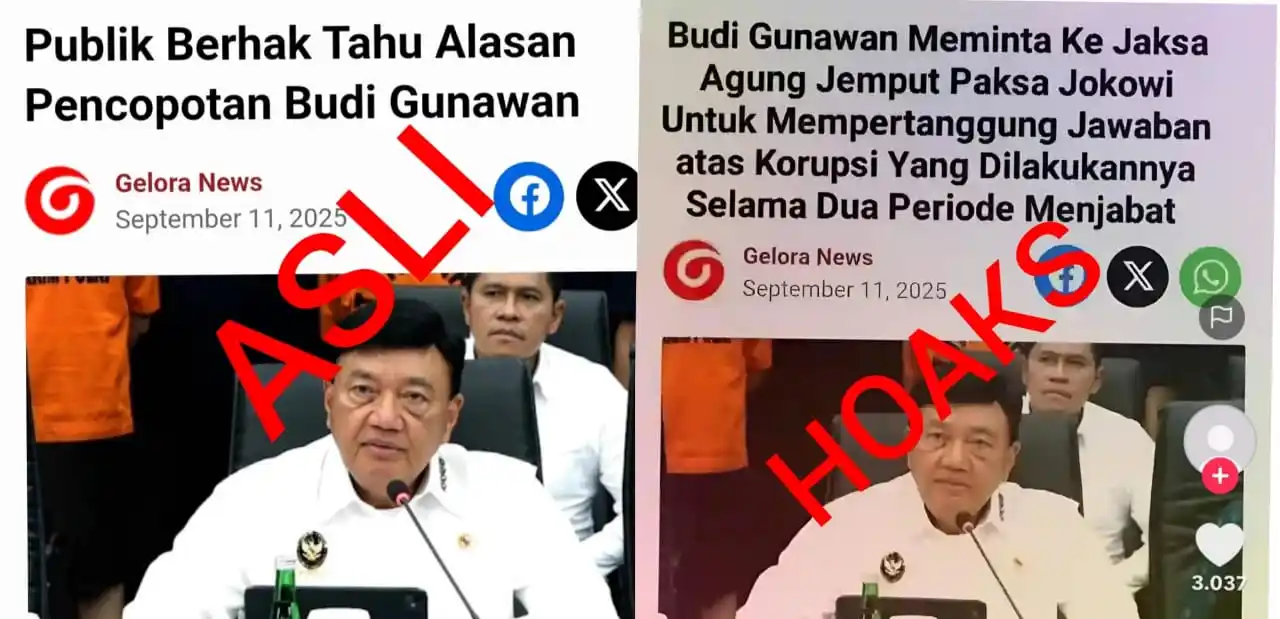Viral di media sosial (medsos) berupa tangkapan layar judul artikel di salah satu media online yang menyebutkan bahwa mantan Menteri Koordinator Bidang Politik dan Keamanan (Menko Polkam) Budi Gunawan meminta Jaksa Agung menjemput paksa mantan presiden Joko Widodo (Jokowi).  (Foto: Kolase MI/Aan)