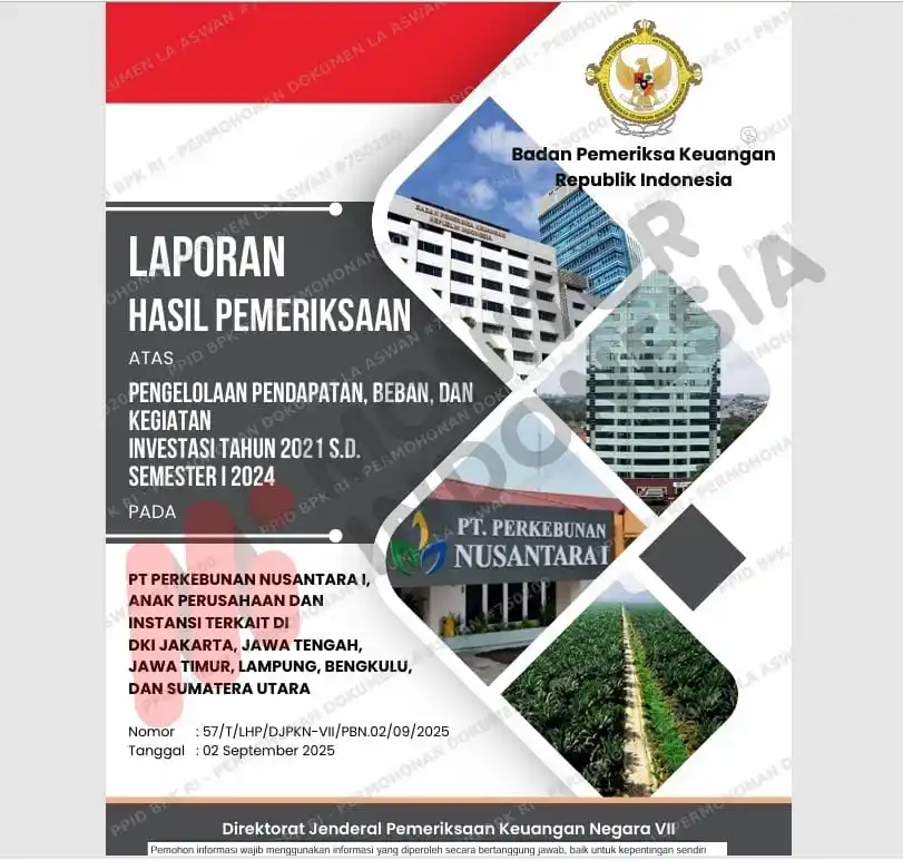 Sampul Laporan Hasil Pemeriksaan (LHP) Badan Pemeriksa Keuangan (BPK) Republik Indonesia atas pengelolaan pendapatan, beban, dan kegiatan investasi PT Perkebunan Nusantara I (PTPN I), anak perusahaan, dan instansi terkait periode 2021 hingga Semester I 2024, tertanggal 2 September 2025. (Foto: Dok MI/BPK)
