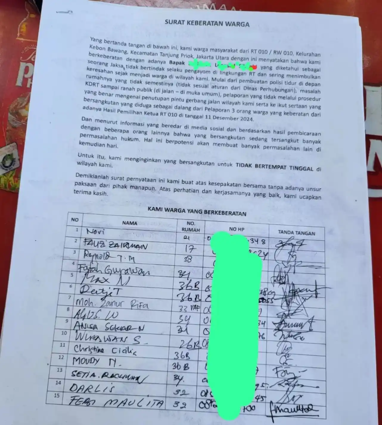 Surat keberatan warga Jebon Bawang, Tanjung priok, Jakarta Utara atas kelakuan Jaksa Dwls (Foto: Istimewa)