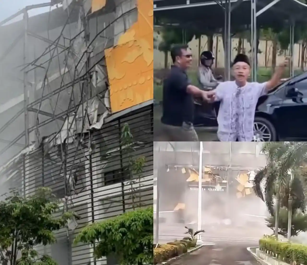 Atap Gedung DPRD Kabupaten Pesawaran Lampung ambruk secara tiba-tiba tanpa disertai hujan ataupun angin kencang. Atap yang runtuh menimpa sejumlah ruangan di bawahnya (Foto: Kolase MI/Istimewa)