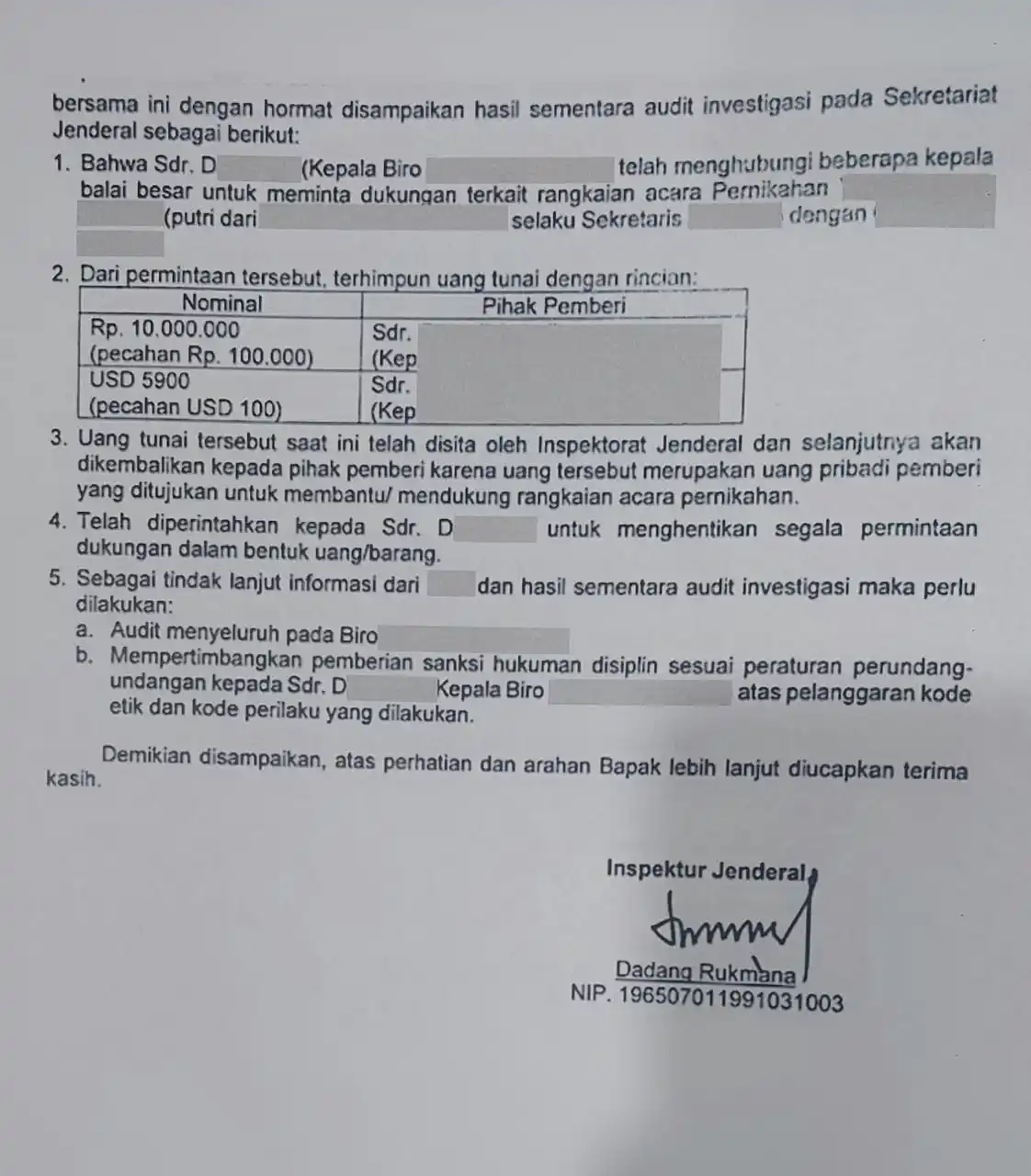 Hasil audit Irjen PU terhadap dugaan gratifikasi di internal PU