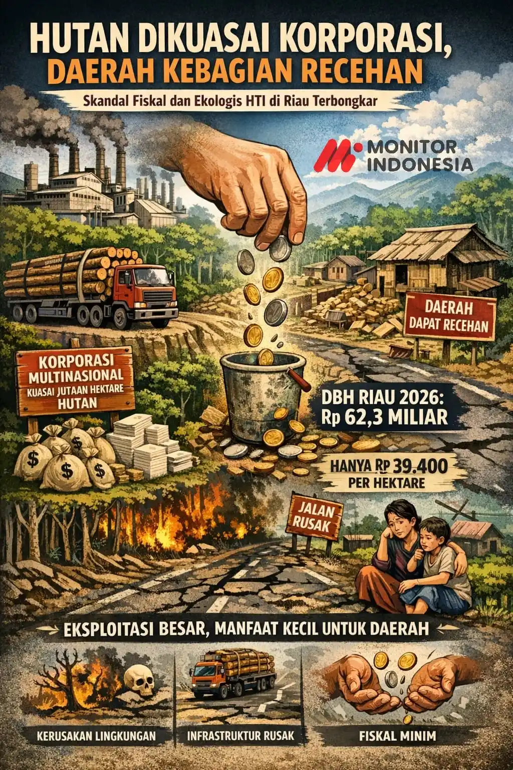 Ilustrasi ketimpangan pengelolaan hutan tanaman industri (HTI) di Riau, yang memperlihatkan dominasi korporasi atas jutaan hektare hutan, sementara daerah penghasil hanya menerima bagian fiskal kecil dan menanggung dampak kerusakan lingkungan serta infrastruktur. Visual menegaskan kontras antara eksploitasi ekonomi skala besar dan minimnya manfaat bagi masyarakat lokal. (Dok MI)