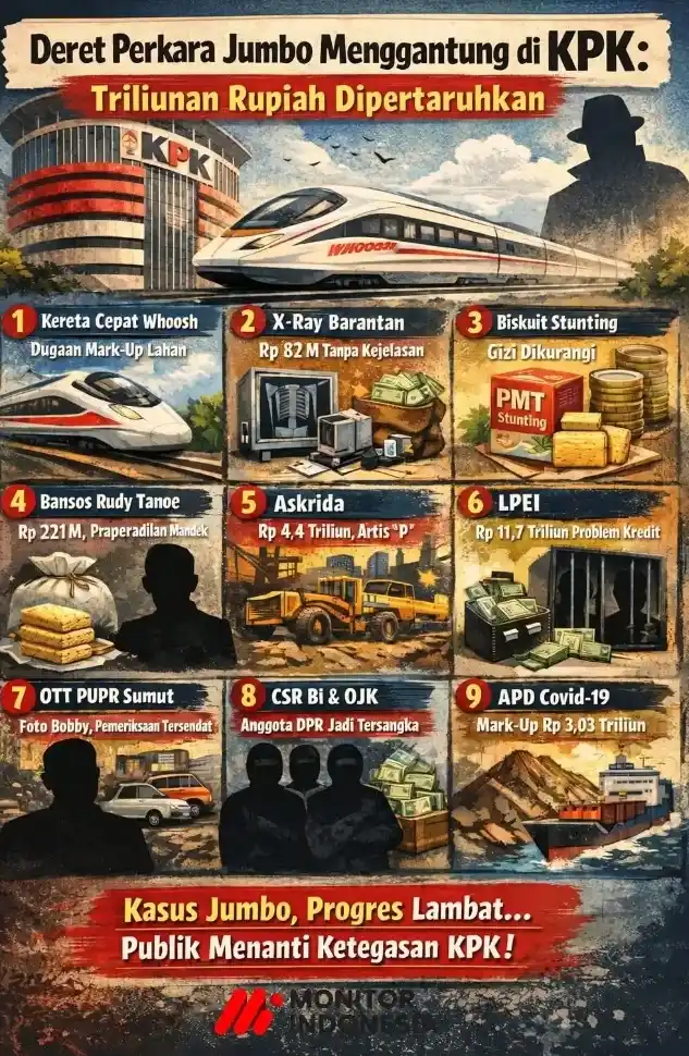 Ilustrasi infografik yang menggambarkan sepuluh perkara korupsi bernilai jumbo yang tengah atau pernah ditangani KPK hingga awal 2026. (Foto: Dok MI/Olahan-AI)
