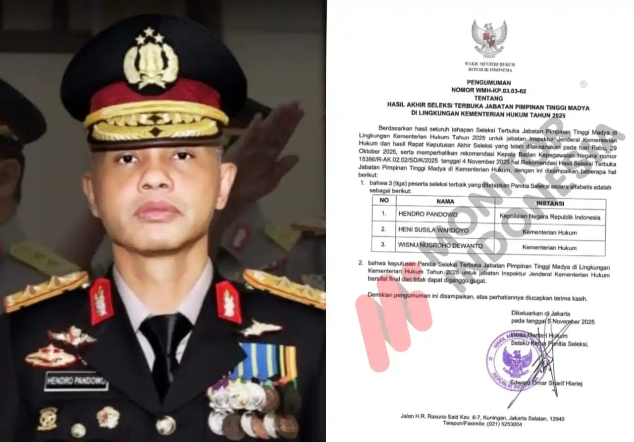 Irjen Pol Hendro Pandowo (kiri) dan Pengumuman Nomor WMH-KP.03.03-62 Tentang Hasil Akhir Seleksi Terbuka Jabatan Pimpinan Tinggi Madya di Lingkungan Kementerian Hukum Tahun 2025 (Foto: Kolase MI)