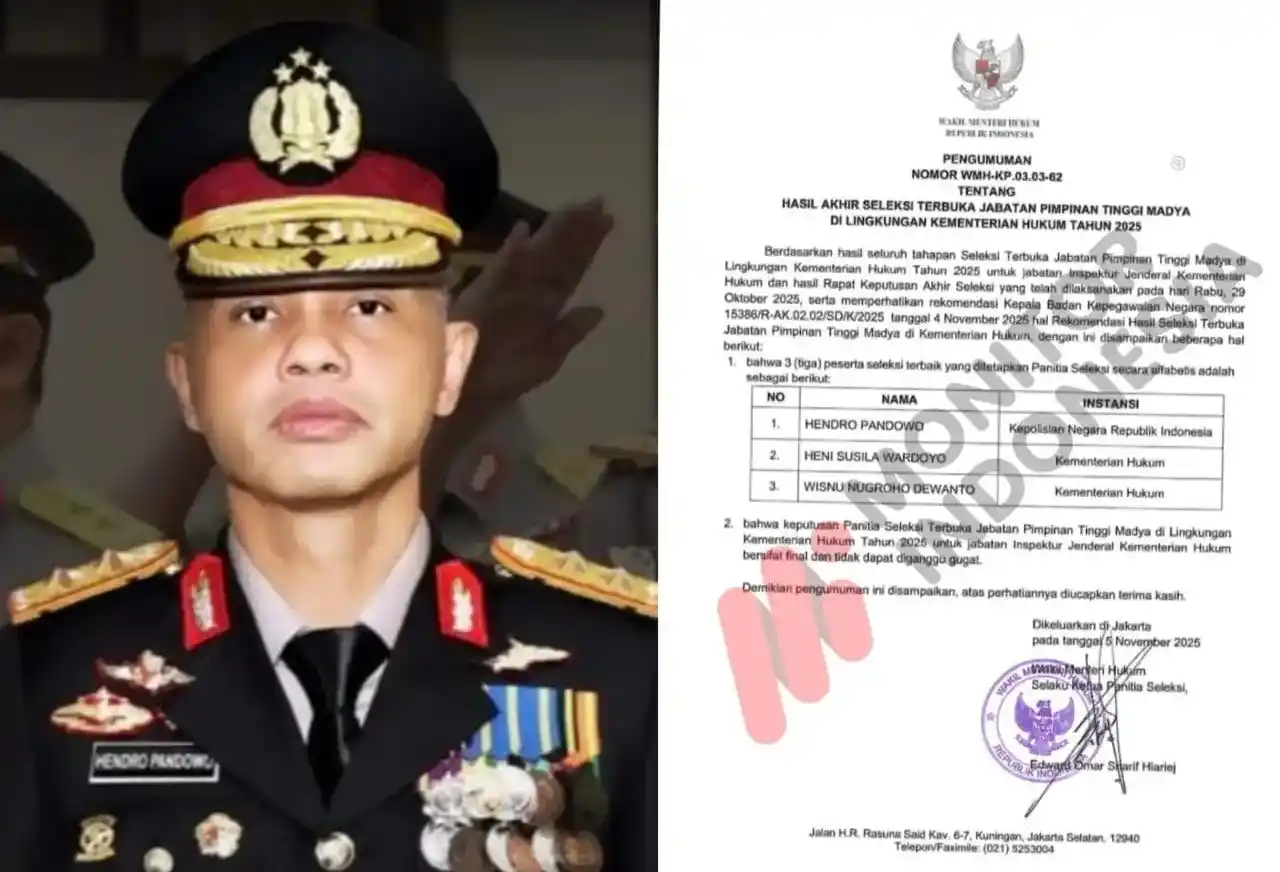 Irjen Pol Hendro Pandowo (kiri) dan Pengumuman Nomor WMH-KP.03.03-62 Tentang Hasil Akhir Seleksi Terbuka Jabatan Pimpinan Tinggi Madya di Lingkungan Kementerian Hukum Tahun 2025 (Foto: Kolase MI)