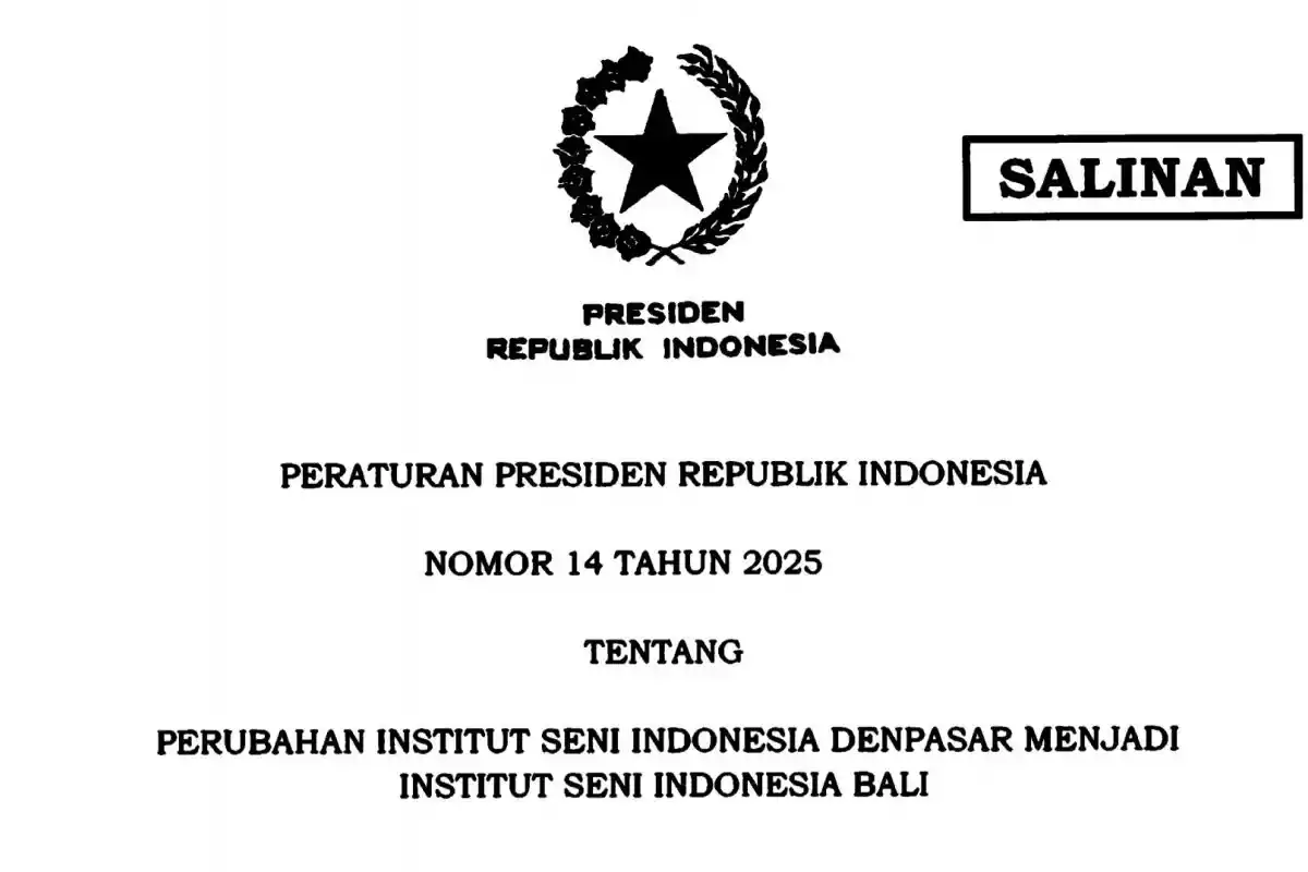 Peraturan Presiden (Perpres) Nomor 14 Tahun 2025 yang mengesahkan perubahan nama Institut Seni Indonesia (ISI) Denpasar menjadi Institut Seni Indonesia Bali. [Foto: Tangkapan layar]