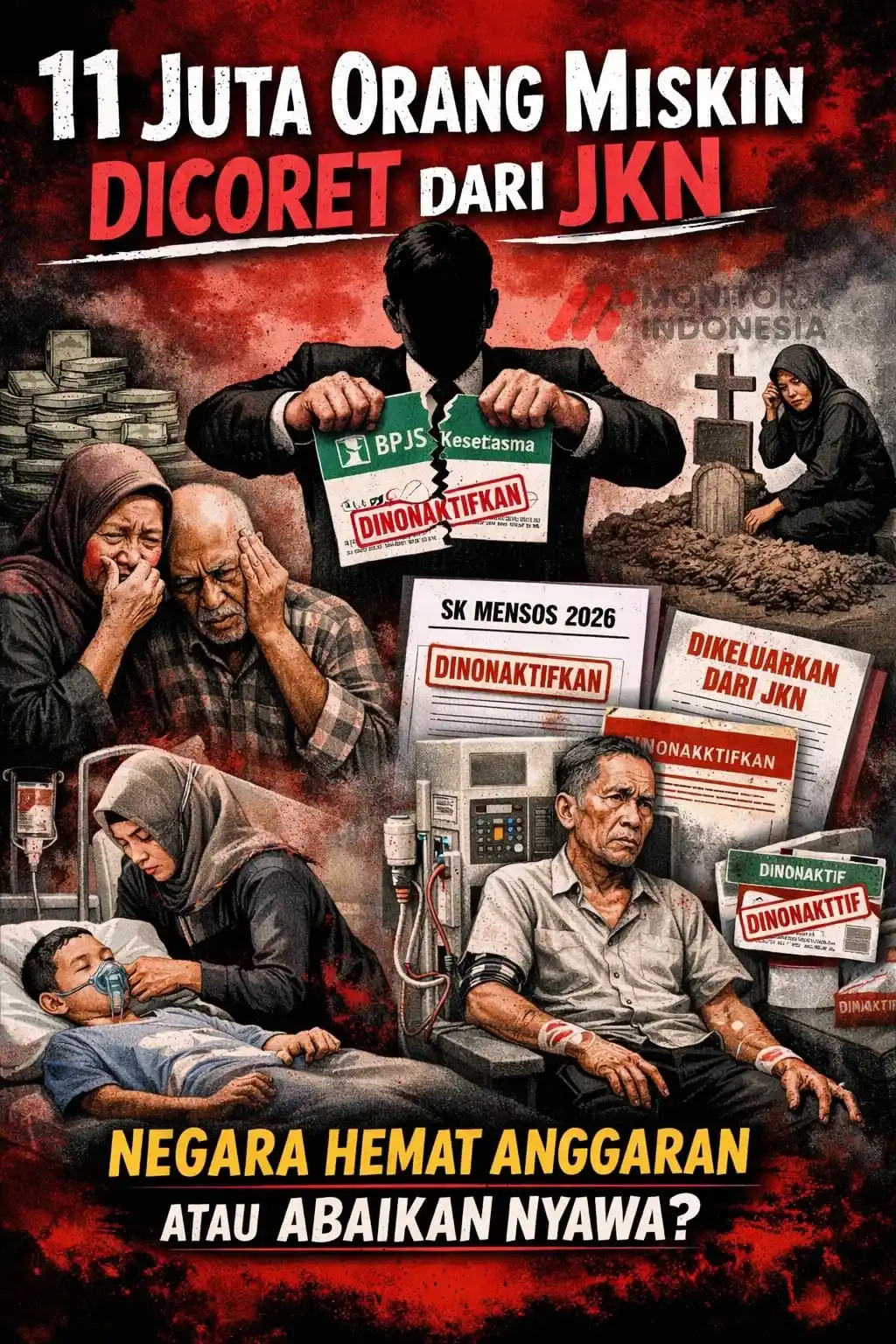 Ilustrasi suasana duka dan kecemasan warga miskin setelah jutaan peserta PBI JKN dinonaktifkan. Visual menampilkan pasien penyakit kronis yang terancam kehilangan akses pengobatan, keluarga dalam kesedihan, serta simbol keputusan administratif yang memutus jaminan kesehatan, menggambarkan dampak kemanusiaan dari kebijakan penonaktifan kepesertaan JKN. (Foto: Dok MI/Olahan)