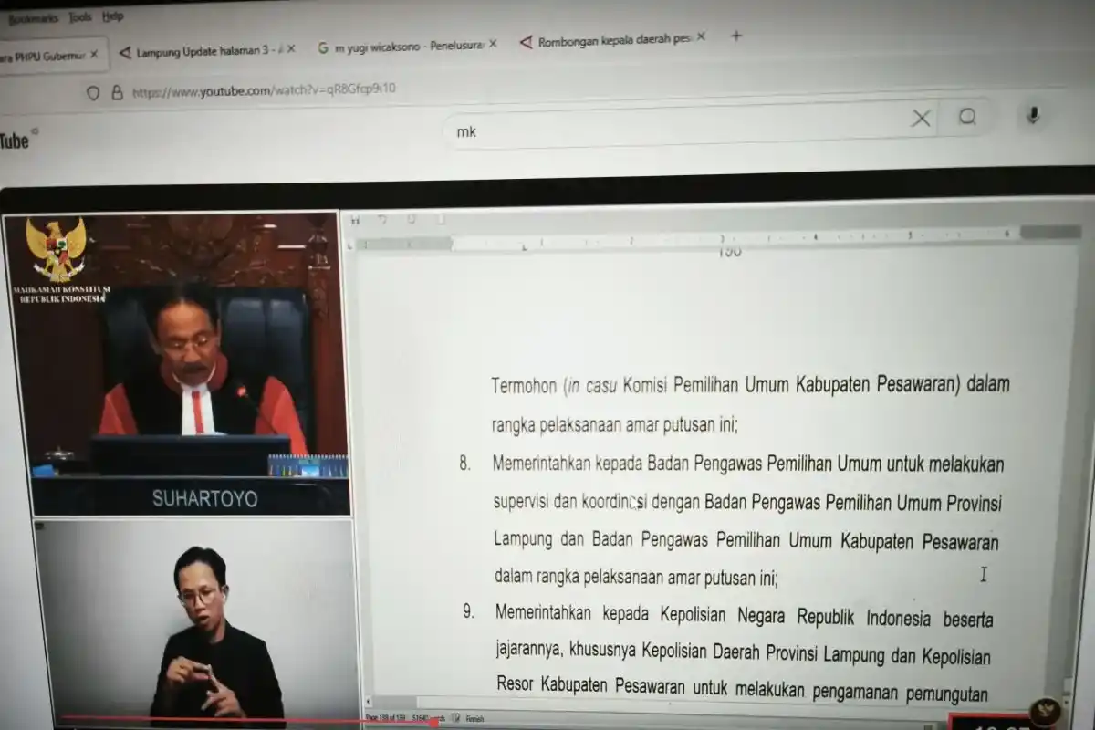 Sidang hasil Perselisihan Hasil Pemilihan Umum (PHPU) Kabupaten Pesawaran, Senin (24/2/2025). (Foto: Ant]
