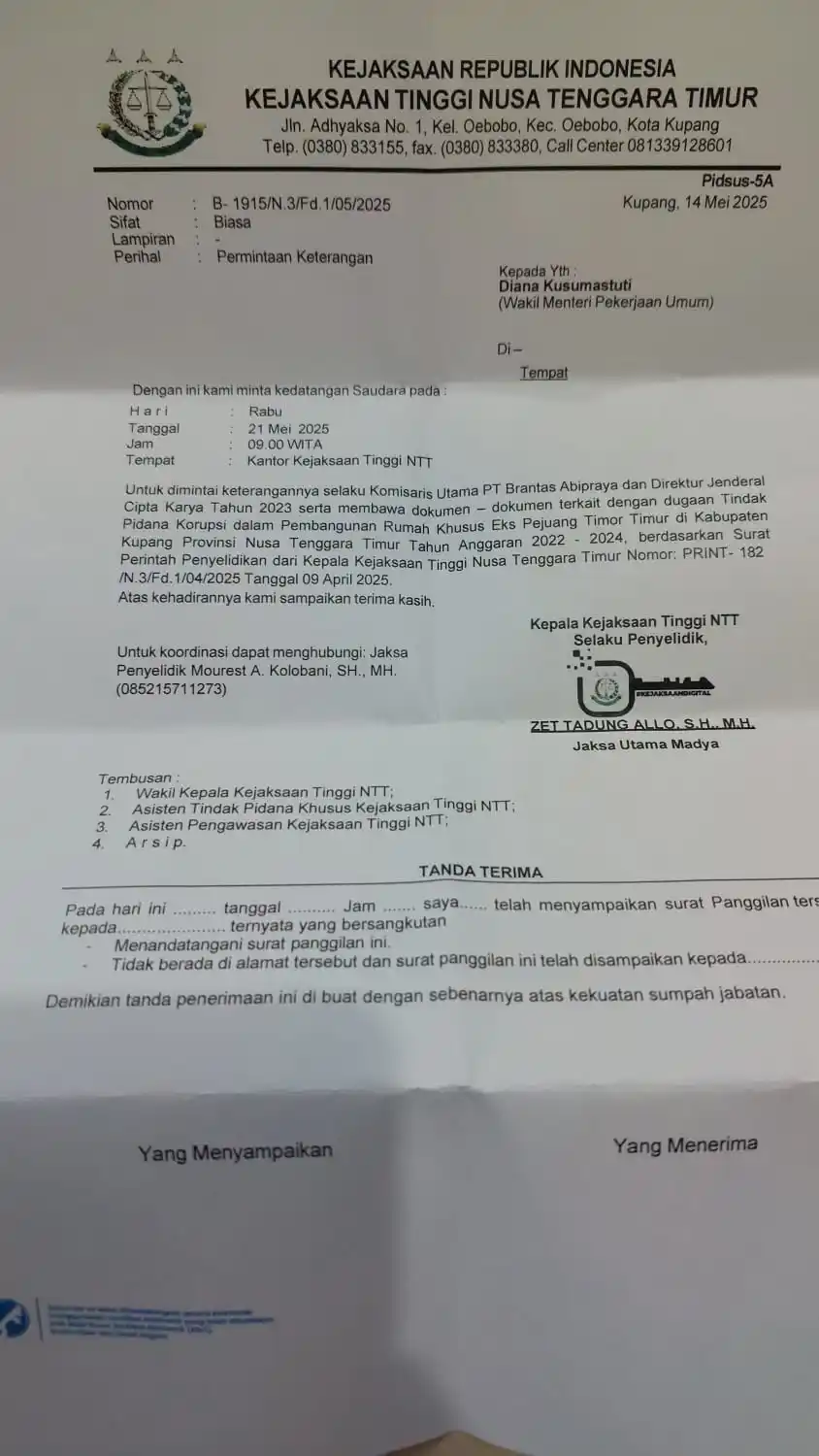 Surat Pemanggilan Kajati NTT kepada Wakil Menteri PU, Diana Kusumastuti