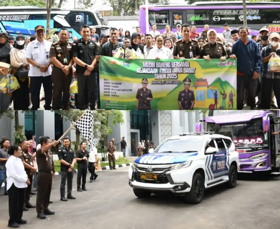 Caption:  Katarina Endang Sarwestri saat melepas para peserta mudik gratis di kantor Kejati Jabar, Jl. LLRE Martadinata, Kota Bandung, Kamis (27/3/2025). (Foto: Ist)