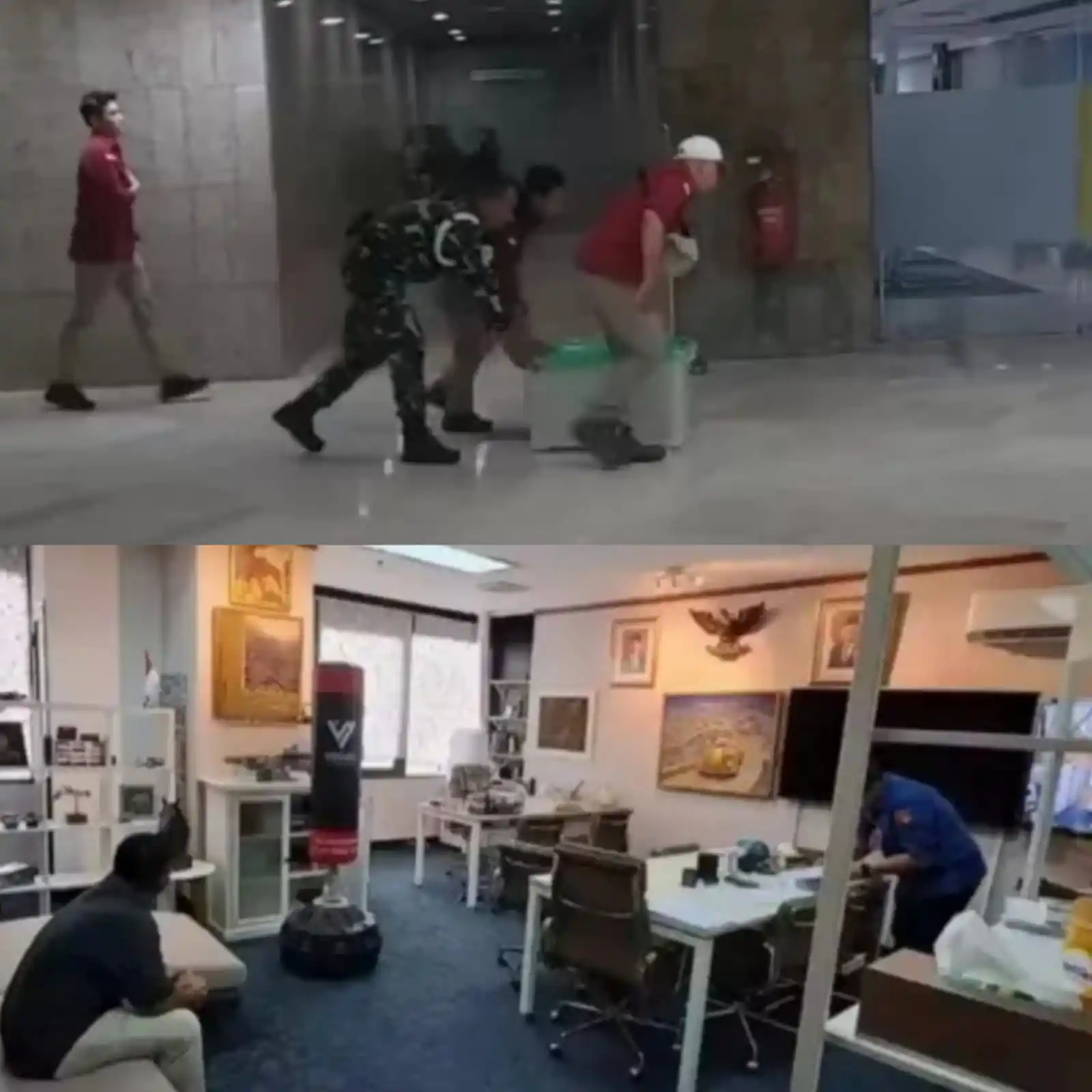 Kejaksaan Agung kembali menggeledah Gedung Manggala Wanabakti, Jakarta Pusat, Rabu (7/1/2026) (atas) dan penggeledahan pertama pada Kamis (3/10/2024) saat kementerian masih bernama KLHK dan dipimpin Siti Nurbaya Bakar (bawah) (Foto: Kolase MI)