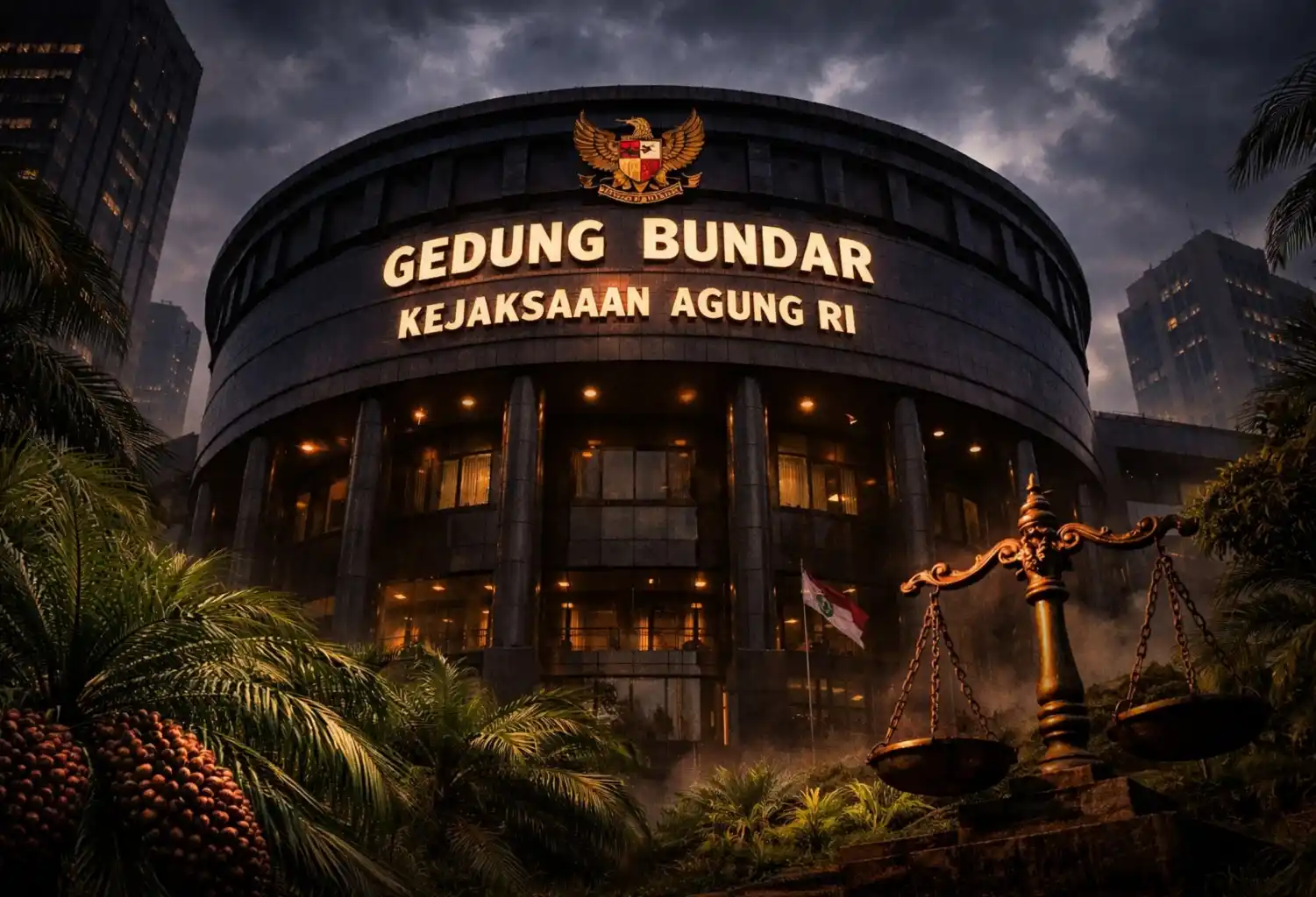 Gedung Bundar Kejaksaan Agung RI berlatar kebun kelapa sawit, simbol penyidikan dugaan korupsi pengelolaan dana sawit BPDPKS bernilai triliunan rupiah yang hingga kini belum menetapkan tersangka. (Foto: Dok MI/Aswan/Diolah dari berbagai sumber)