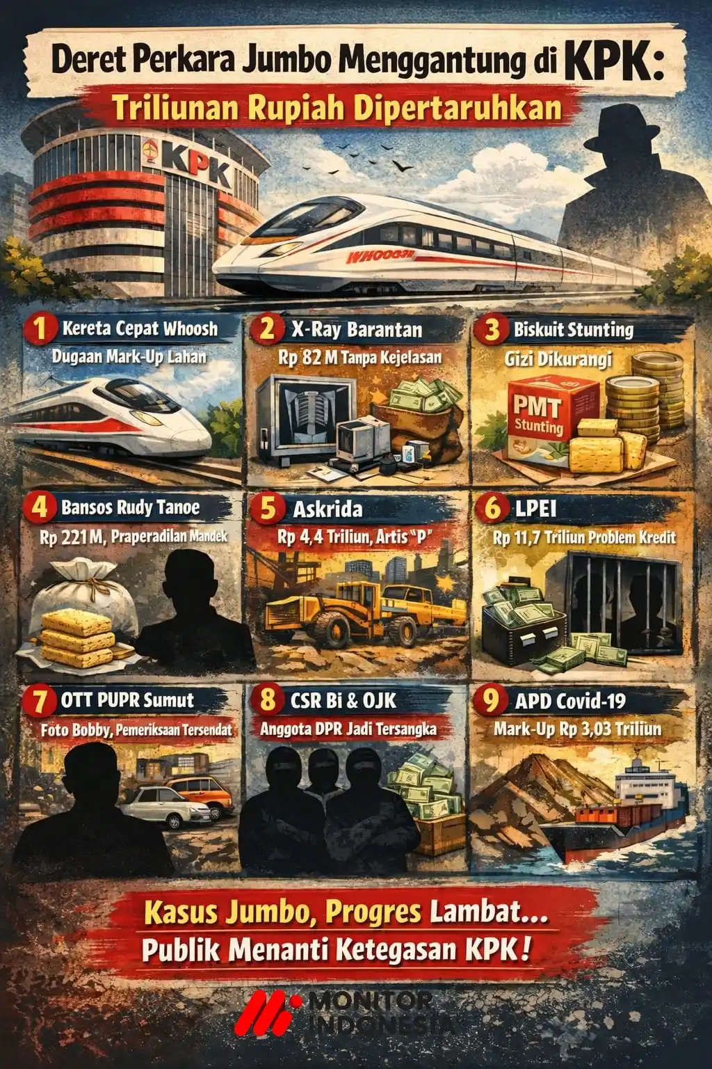 Ilustrasi infografik yang menggambarkan sepuluh perkara korupsi bernilai jumbo yang tengah atau pernah ditangani KPK hingga awal 2026. Visual menampilkan gedung KPK, proyek Kereta Cepat Whoosh, pengadaan x-ray, biskuit stunting, bansos beras, kasus Askrida, LPEI, OTT PUPR Sumut, dugaan penyalahgunaan CSR BI–OJK, pengadaan APD Covid-19, serta ekspor nikel. Gambar ini merepresentasikan besarnya nilai kerugian negara yang dipertaruhkan dan sorotan publik terhadap progres penanganan perkara-perkara tersebut. (Foto: Dok MI/Olahan-AI)