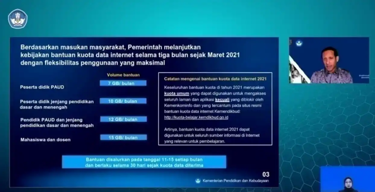 Nadiem Makarim dalam acara Pengumuman Bantuan Kuota Data Internet tahun 2021, Senin, 1 Maret 2021 melalui akun Youtube resmi milik Kemendikbud RI (Foto: Dok MI/Net/Ist)