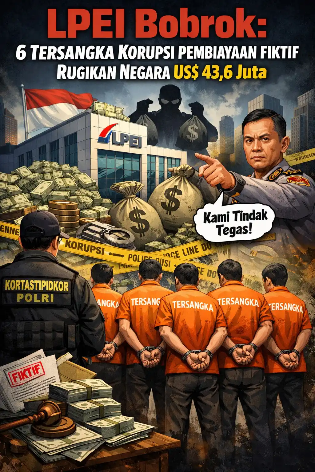 Ilustrasi penetapan enam tersangka kasus dugaan korupsi pembiayaan fiktif di LPEI yang merugikan negara sebesar US$ 43,6 juta. Terlihat aparat Kortastipidkor Polri serta para tersangka dalam balutan rompi oranye dengan latar gedung LPEI dan tumpukan uang sebagai simbol kerugian negara. (Foto: Dok MI)