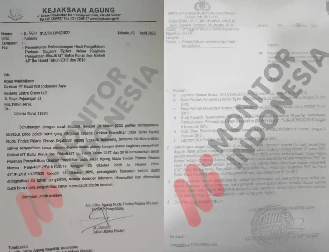 Jampidsus Kejagung melayangkan surat kepada Direktur PT GWIJ berinisial AM perihal permohonan perkembangan hasil penyelidikan perkara dugaan tipikor dalam kegiatan pengadaan biskuit MT balita kurus dan biskuit MT ibu hamil tahun 2017 dan 2018 (kiri) dan Surat Pemberitahuan Perkembangan hasil penyelidikan Ditkrimsus Polda Metro Jaya kasus PMT balita dan ibu hamil tahun 2016-2022 (kanan) (Foto: Kolase MI)