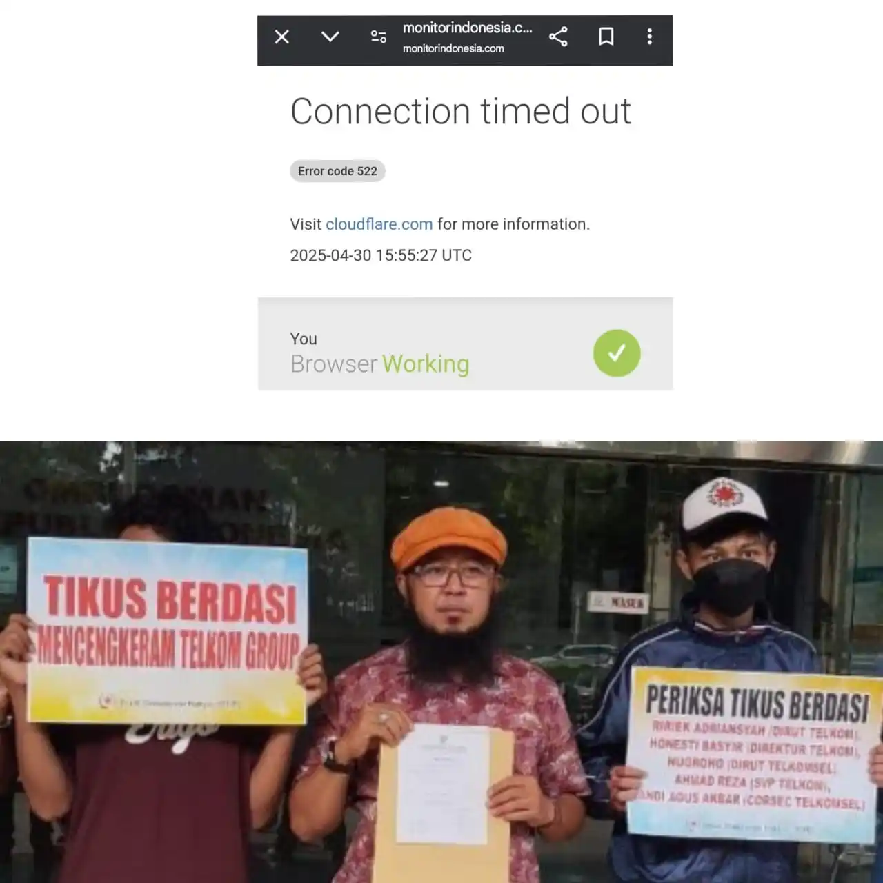 Tangkap layar website Monitorindonesia.com sedang diserang pada Rabu (30/4/2025) (atas) dan Direktur Eksekutif Studi Demokrasi Rakyat (SDR), Hari Purwanto (bawah-tengah) (Foto: Kolase MI/Aswan)