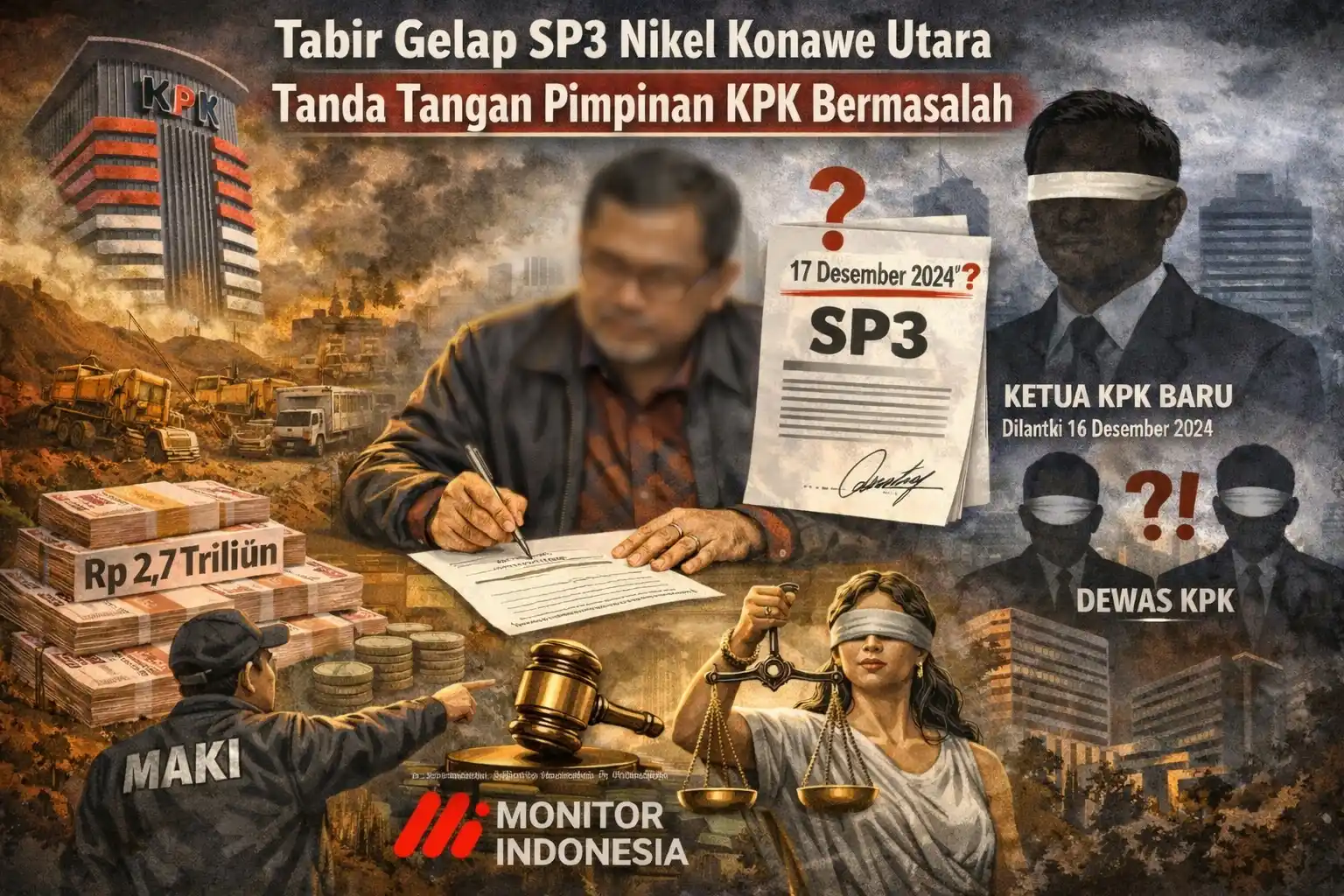 Ilustrasi menggambarkan kontroversi penerbitan Surat Penghentian Penyidikan (SP3) kasus korupsi izin usaha pertambangan nikel di Konawe Utara. Visual menampilkan simbol gedung KPK, aktivitas tambang nikel, tumpukan uang bertuliskan Rp2,7 triliun, dokumen SP3 bertanggal 17 Desember 2024, serta figur-figur yang wajahnya diburamkan dan ditutup mata sebagai simbol kaburnya kewenangan, transparansi, dan pengawasan. (Dok MI)