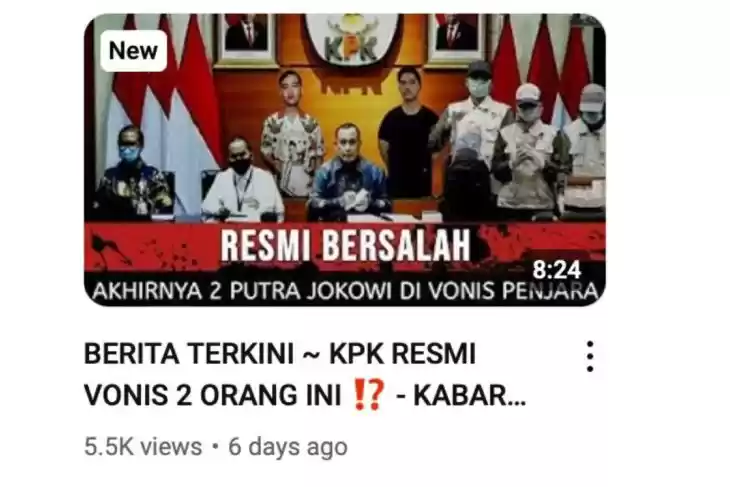 Unggahan yang menarasikan Kaesang dan Gibran resmi ditetapkan sebagai tersangka KPK. Faktanya, narasi judul tidak sesuai dengan isi video. (YouTube)