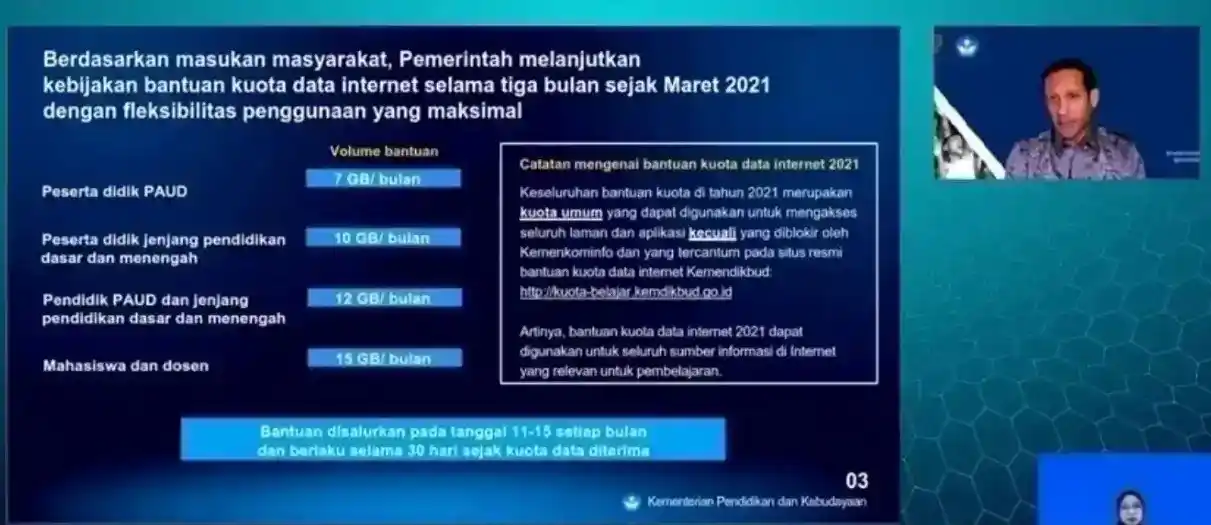 Nadiem Makarim dalam acara Pengumuman Bantuan Kuota Data Internet tahun 2021, Senin, 1 Maret 2021 melalui akun Youtube resmi milik Kemendikbud RI (Foto: Dok MI/Net/Ist)