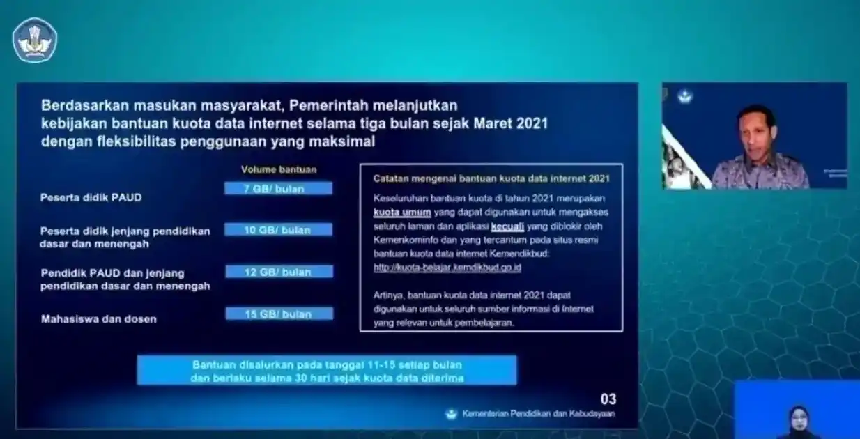 Nadiem Makarim dalam acara Pengumuman Bantuan Kuota Data Internet tahun 2021, Senin, 1 Maret 2021 melalui akun Youtube resmi milik Kemendikbud RI (Foto: Dok MI/Net/Ist)