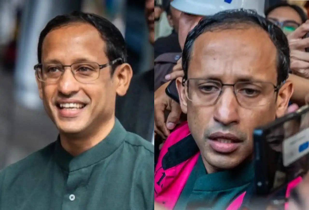 Mantan Mendikbudristek Nadiem Anwar Makarim saat menyandang status saksi korupsi laptop chromebook (kiri) dan tersangka (kanan) (Foto: Kolase MI)