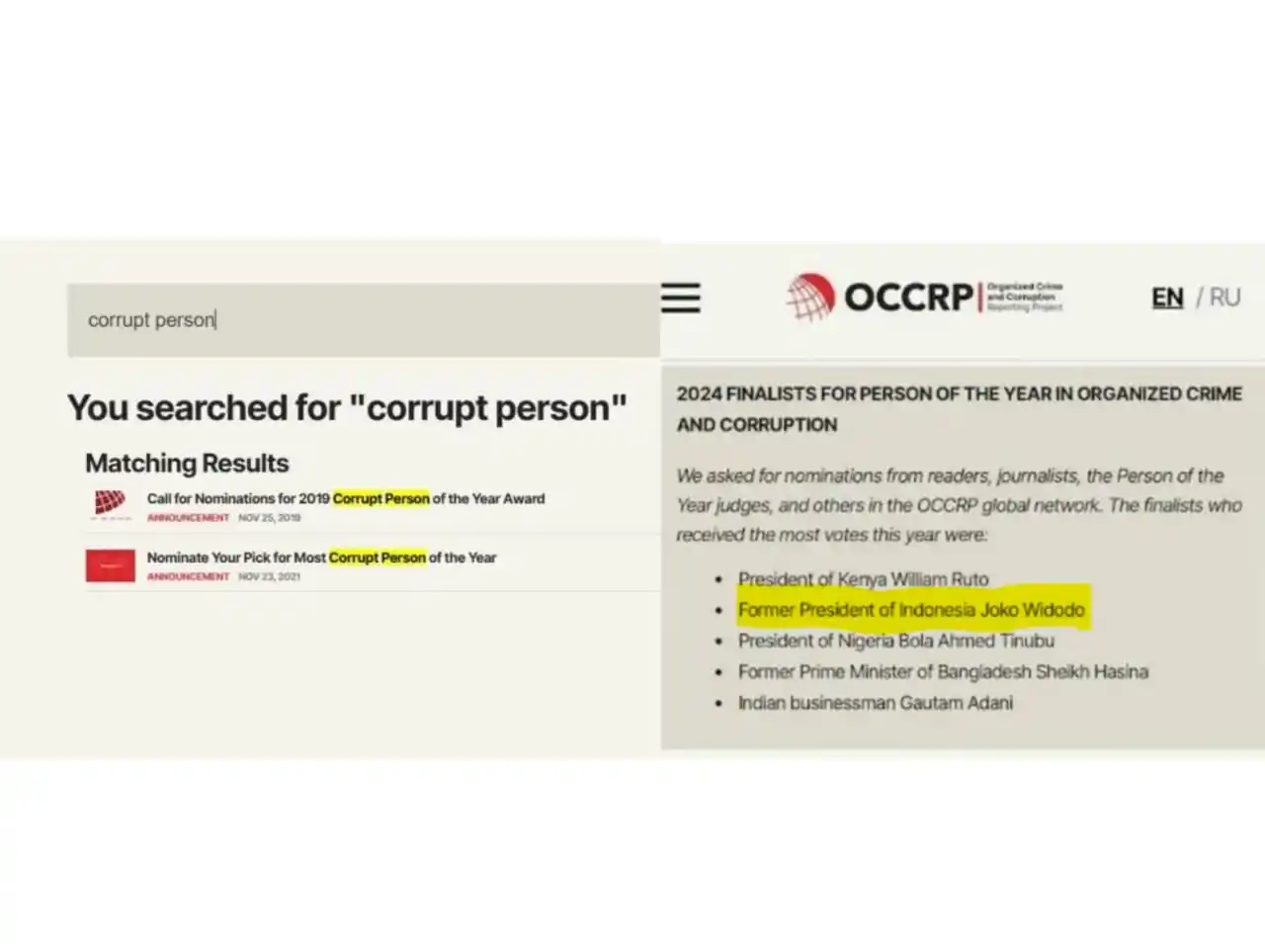 Rilis Organized Crime and Corruption Reporting Project (OCCRP) yang menempatkan Presiden ke-7 RI, Joko Widodo, dalam daftar pemimpin dunia yang dinilai paling korup sepanjang 2024 tidak lagi ditemukan di situs resmi mereka, occrp.org. (Foto: Dok MI)