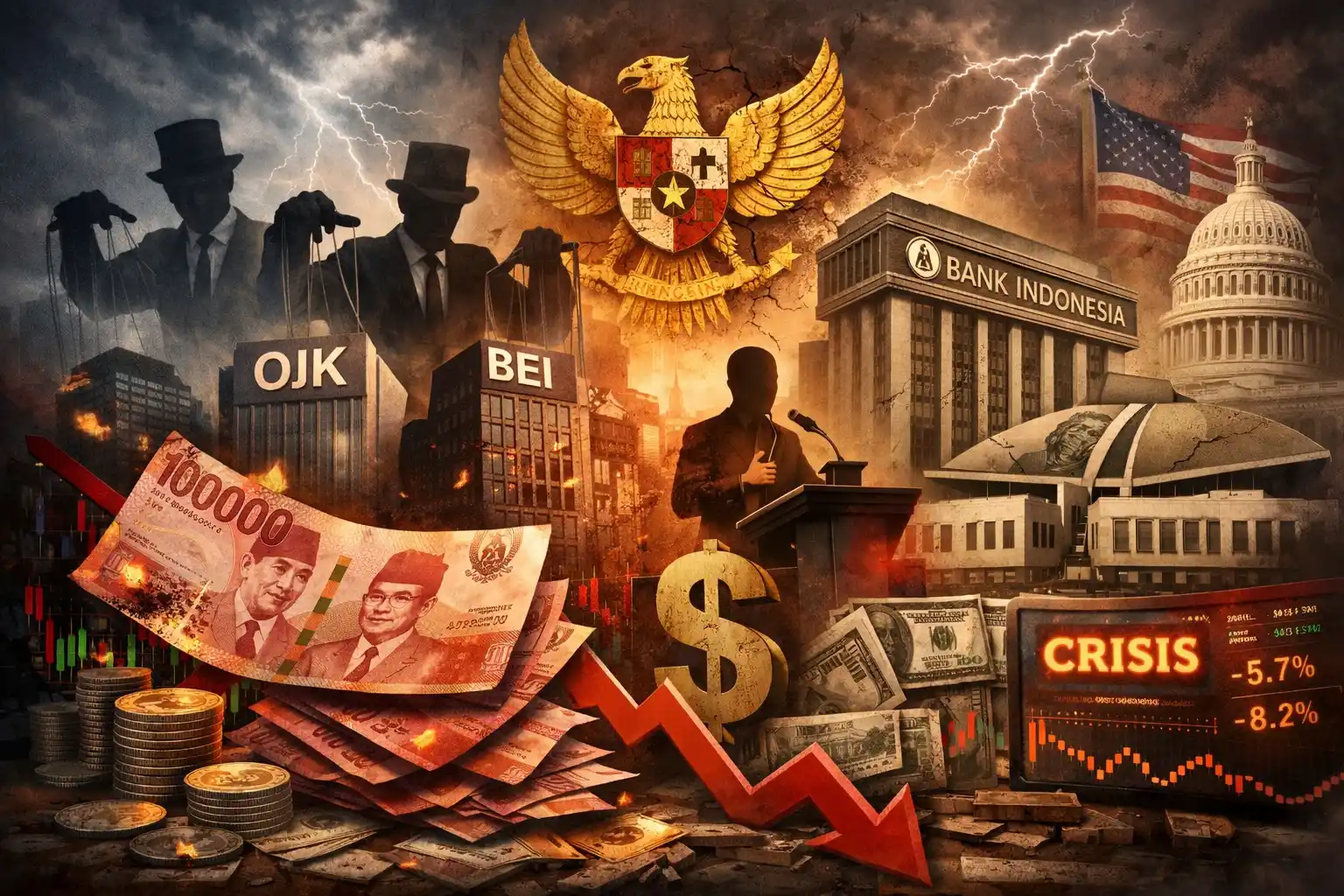 Ilustrasi krisis keuangan dan politik nasional: Gambaran runtuhnya nilai rupiah di tengah gejolak pasar modal, lemahnya pengawasan OJK, serta bayang-bayang kartel oligarki yang mengendalikan kebijakan moneter. Gedung Bank Indonesia dan Bursa Efek Indonesia berdiri di bawah tekanan simbol dolar Amerika, grafik pasar yang merosot, dan figur-figur gelap kekuasaan, menandai ancaman krisis ekonomi yang berpotensi menjelma menjadi krisis politik. (Foto: Dok MI)