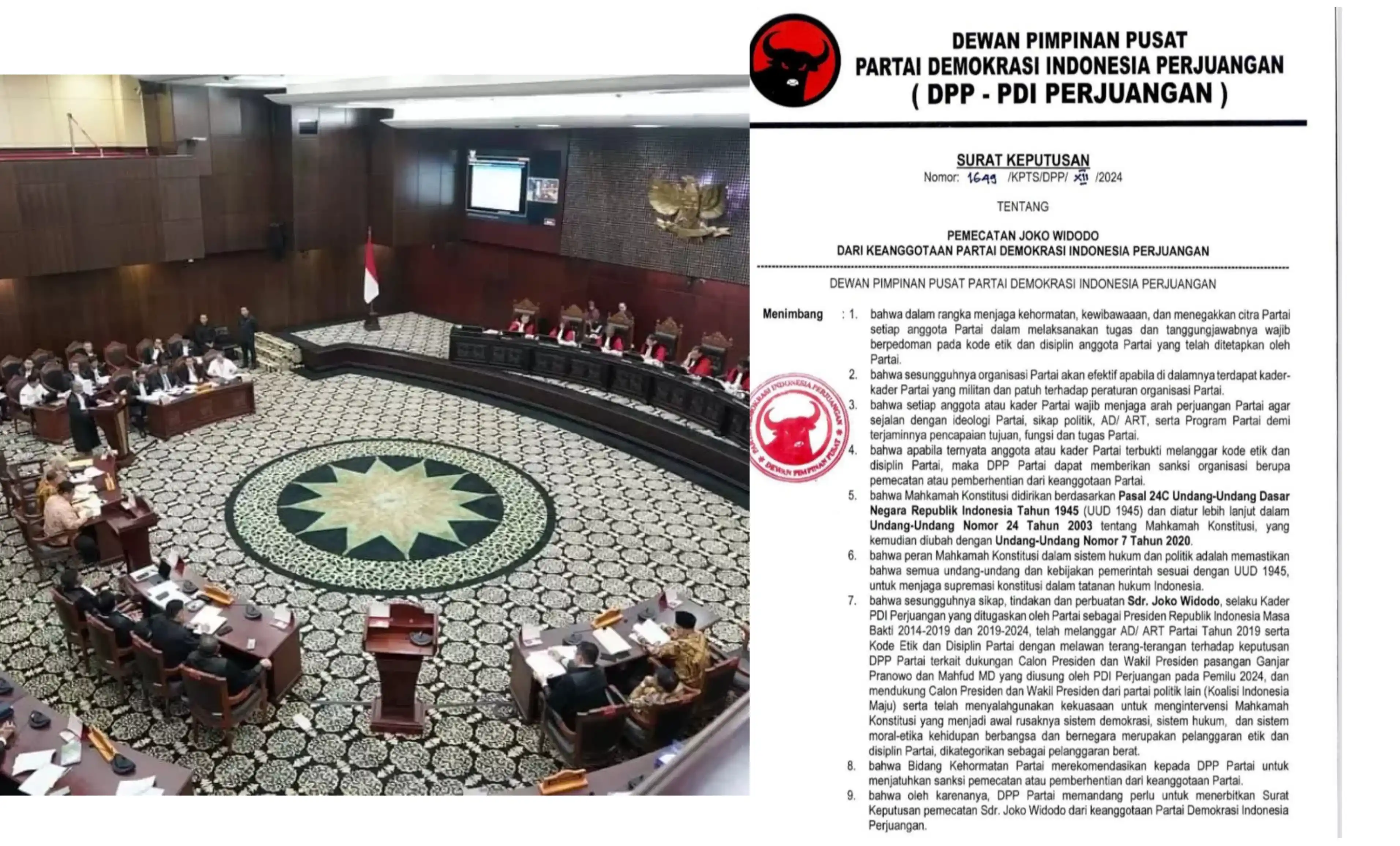 Suasana sidang perdana sengketa hasil Pilpres 2024 di Gedung Mahkamah Konstitusi (MK), Jakarta, Rabu (27/3/2024) dan Surat Pemecatan Jokowi dari PDIP (Foto: Kolase MI)