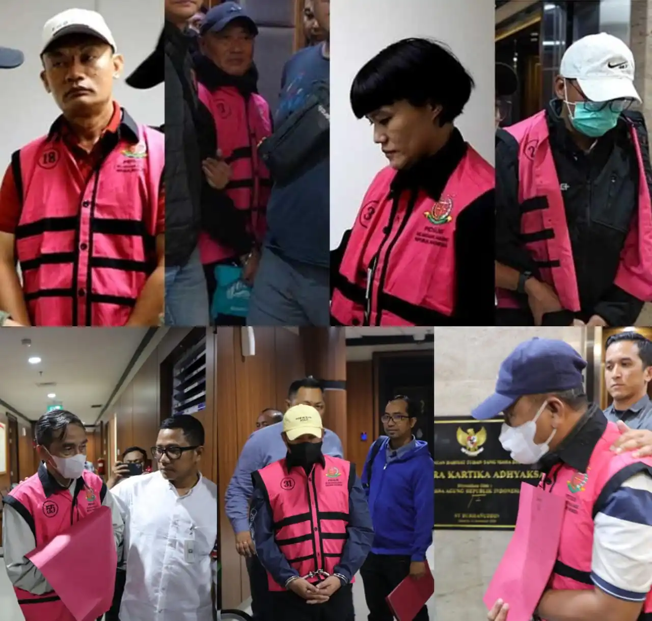 7 tersangka suap pada penanganan perkara ekspor crude palm oil (CPO) di Pengadilan Tindak Pidana Korupsi (Tipikor) pada Pengadilan Negeri Jakarta Pusat (Foto: Kolase MI/Aswan)