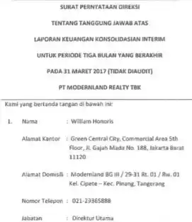 Surat Perintah Direksi PT  PT Modernland Reality (Foto: Dok MI)