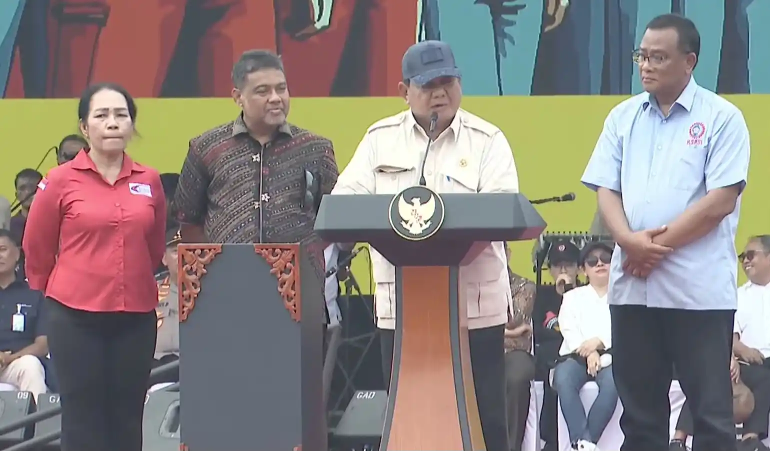 Presiden Prabowo Subianto saat menghadiri acara May Day Fiesta 2025 di Lapangan Monas, Jakarta Pusat, Kamis (1/5/2025). (Foto: Tangkapan Layar)