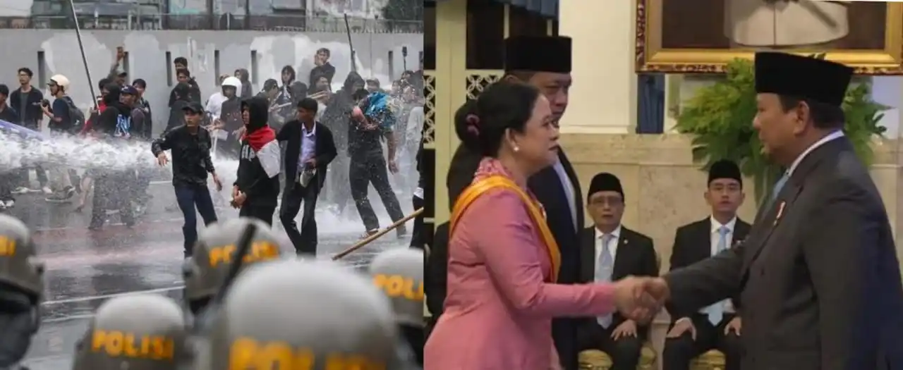 Presiden RI Prabowo Subianto menyalami Ketua DPR RI Puan Maharani usai menyematkan tanda kehormatan Bintang Republik Indonesia Utama dalam upacara kenegaraan di Istana Negara, Senin (25/8/2025). Momen ini berlangsung di tengah aksi “Revolusi Rakyat Indonesia” yang digelar di depan Gedung DPR, menyoroti kinerja dan tunjangan parlemen. Foto: Kolase MI/Istimewa