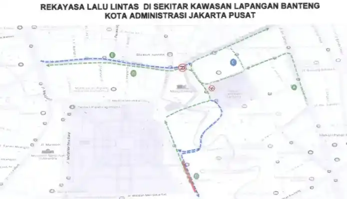 Alur rekayasa lalu lintas di sekitar kawasan Lapangan Banteng saat HUT ke-498 Kota Jakarta, pada Minggu (22/6/2025). [Foto: Dinas Perhubungan DKI Jakarta]