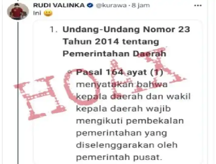 Rudi Valinka panen kritikan di media sosial usai diduga menyebarkan informasi yang tidak akurat alias palsu atau hoaks terkait Undang-Undang Nomor 23 Tahun 2014 tentang Pemerintahan Daerah. (Foto: Dok MI)