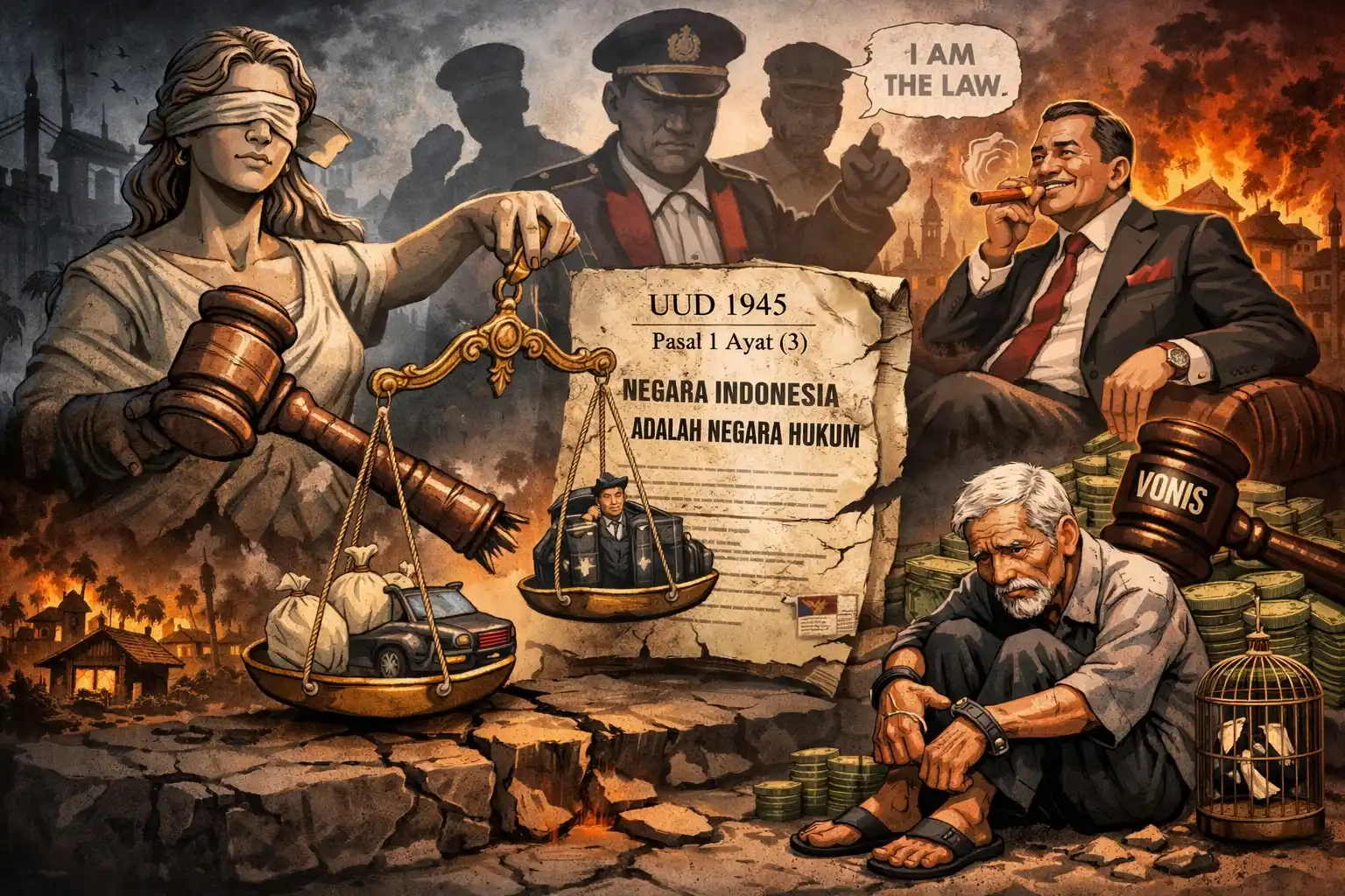 Ilustrasi editorial yang menggambarkan ketimpangan hukum di Indonesia. Sosok keadilan tampak rapuh, sementara kekuasaan dan uang mendominasi proses penegakan hukum, meninggalkan rakyat kecil sebagai korban utama. (Foto: Dok MI/Diolah dari berbagai sumber)