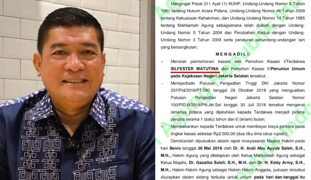Putusan MA Nomor 287 K/Pid/2019 atas terpidana Silfester Matutina dengan hukuman 1 tahun 6 bulan (1,5 tahun) penjara belum juga dieksekusi (Foto: Kolase MI)