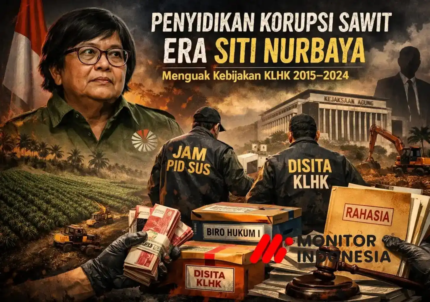 Ilustrasi penyidikan dugaan korupsi tata kelola industri dan perkebunan kelapa sawit periode 2015–2024 yang beririsan dengan masa kepemimpinan Menteri LHK saat itu. Visual menampilkan simbol penggeledahan, penyitaan dokumen, serta latar perkebunan sawit dan gedung Kejaksaan Agung sebagai gambaran proses hukum dan sorotan terhadap kebijakan pelepasan kawasan hutan. (Dok MI)