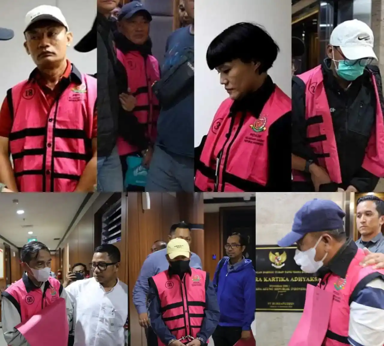 7 tersangka suap pada penanganan perkara ekspor crude palm oil (CPO) di Pengadilan Tindak Pidana Korupsi (Tipikor) pada Pengadilan Negeri Jakarta Pusat (Foto: Kolase MI/Aswan)