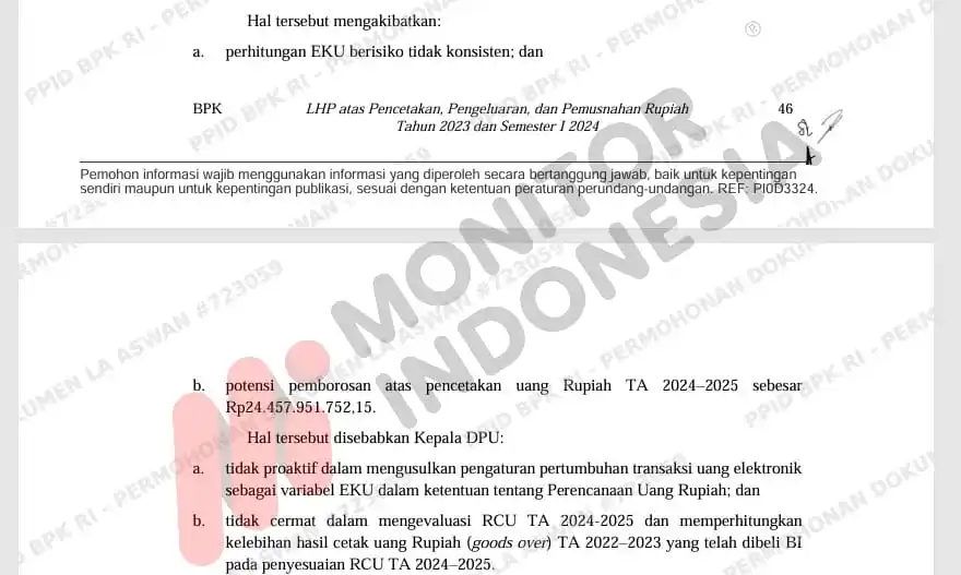 Laporan Hasil Pemeriksaan Dengan Tujuan Tertentu (DTT) Badan Pemeriksa Keuangan (BPK) atas pencetakan, pengeluaran, dan pemusnahan rupiah Tahun 2023 dan Semester I 2024 pada Bank Indonesia dan instansi terkait. Audit bernomor 54/LHP/XV/08/2025. (Foto: Dok MI)